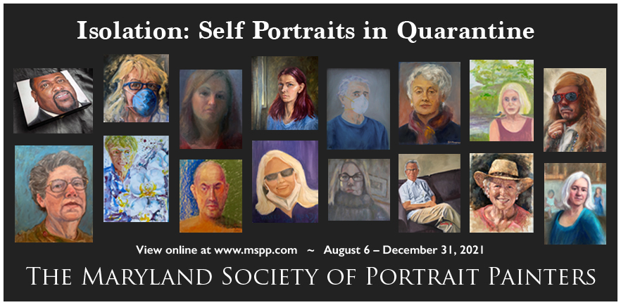 show ad with title of show Self Protraits in Isolation followed by a small thumbnail picture of each of the 18 portrait in the show